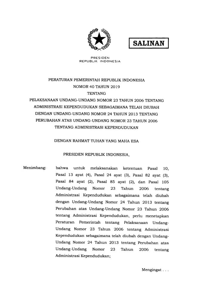 Peraturan Pemerintah Nomor 40 Tahun 2019 - Dinas ...